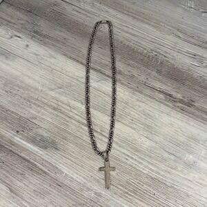 925 Silver 24" Figaro Chain Necklace W/ Large Cross Vintage Retro Jewelry 67.89g